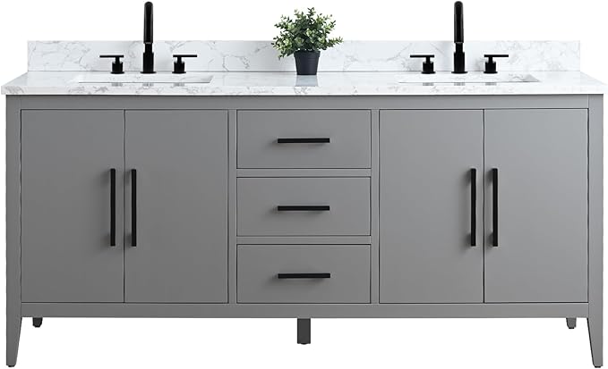 HomeBeyond 72 Inch Bathroom Vanity with Sink & Ceramic Top, Double Vanity Cabinet with Basin, Soft-Closing Doors & Matte Black Hardware, Grey