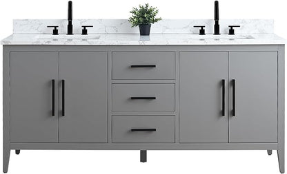 HomeBeyond 72 Inch Bathroom Vanity with Sink & Ceramic Top, Double Vanity Cabinet with Basin, Soft-Closing Doors & Matte Black Hardware, Grey