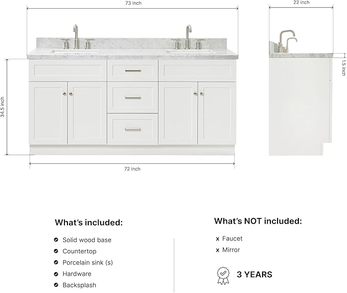 DKB Bradford 72 Inch Bathroom Vanity Double Sink — White Bathroom Vanity with Sink, 1.5" Edge Italian Carrara Marble Countertop & Backsplash, 4 Soft-Close Doors, and 3 Dovetail Drawers