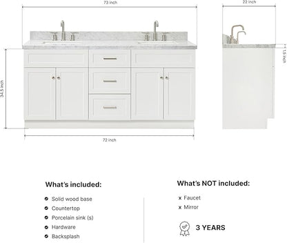 DKB Bradford 72 Inch Bathroom Vanity Double Sink — White Bathroom Vanity with Sink, 1.5" Edge Italian Carrara Marble Countertop & Backsplash, 4 Soft-Close Doors, and 3 Dovetail Drawers