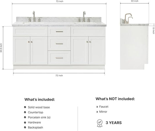 ARIEL Hamlet 72-inch Bathroom Vanity with Sink,Solid Wood, 1.5-inch Italian Carrara Marble Countertop, Double Rectangular Porcelain Sink, 4 Soft Closing Doors, 3 Dovetail Drawers, White