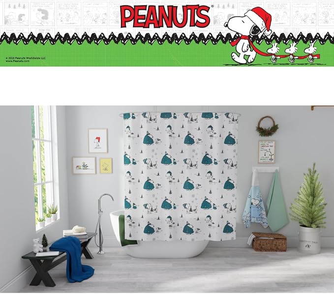 Peanuts Snoopy Puffer Coat Holiday Christmas Bath Microfiber Shower Curtain, 72x72, (Officially Licensed Product) by Franco