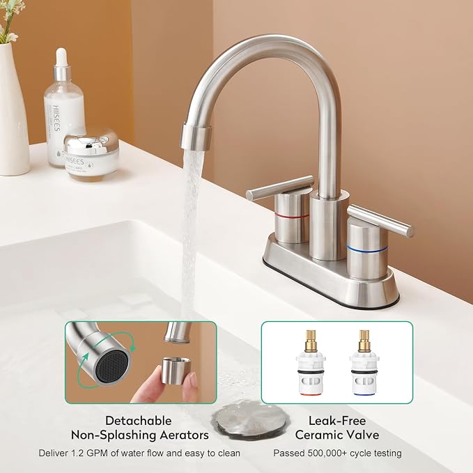 Faustina Brushed Bathroom Faucet, 4 Inch Centerset Faucets for Sink 2 Holes 3 Holes，Two Handles 304 Stainless Steel Bathroom Sink Faucet with Pup up Drain and 2 cUPC Water Supply Lines for RV Vanity