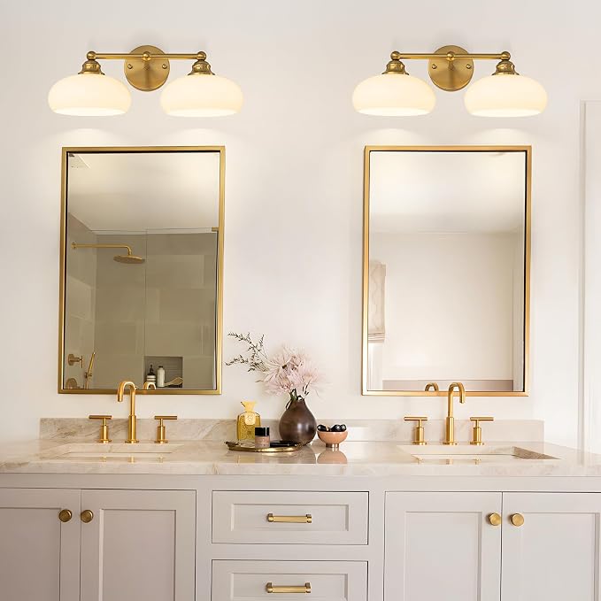 Bathroom Light Fixtures Over Mirror Vintage Gold Vanity Lighting Fixtures | Double Arm Vanity Lighting Fixtures 2 Light Antique Wall Light Fixture with Glossy Milk White Glass Shade for Bathroom