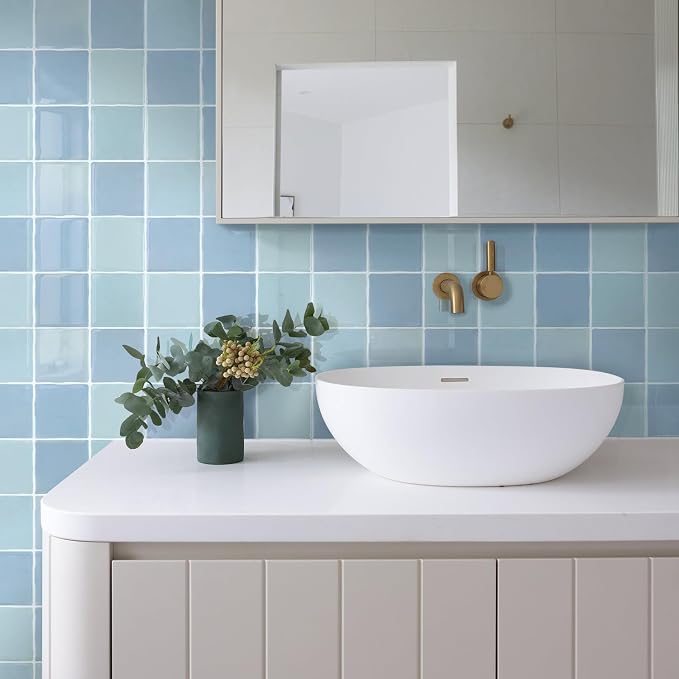 Thicker 3D Peel and Stick Backsplash Tiles, 10 Pcs 12" x 12" | Vintage Blue, Glossy Self Adhesive Backsplash Wall Sticker for Renter Friendly Bathroom DIY Wall Makeover, Cover 10 sq ft