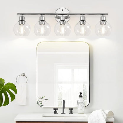 Indoi 5-Light Bathroom Light Fixture, Chrome Bathroom Wall Light with Clear Glass Globe Shades, Modern Vanity Lights Over Mirror for Bathroom, Bedroom, Kitchen, Living Room, Hallway
