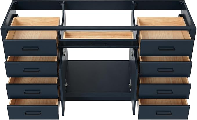 ARIEL Hepburn 66-inch Bathroom Vanity Base Cabinet,Solid Wood, 2 Soft Closing Doors, 9 Dovetail Drawers, Midnight Blue