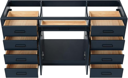 ARIEL Hepburn 66-inch Bathroom Vanity Base Cabinet,Solid Wood, 2 Soft Closing Doors, 9 Dovetail Drawers, Midnight Blue