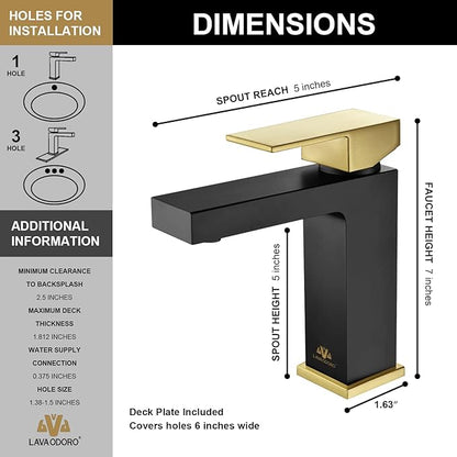 Lava Odoro Black and Gold Bathroom Faucet, Brass Single Hole Bathroom Sink Faucet Single Handle with Drain Assembly, Deck Plate Included, BF307-GB
