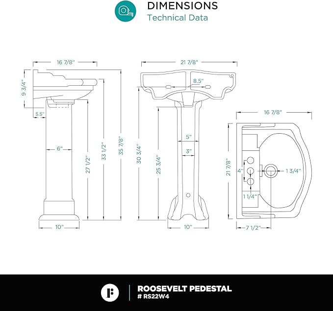 Roosevelt Bathroom Pedestal Sink – 22-Inch Small Pedestal Sink, Durable Vitreous China Ceramic with 4 Inch 3-Hole Bathroom Sink Faucet – Ideal for Modern Bathrooms