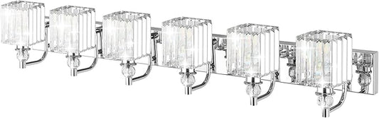 Ralbay Crystal Vanity Light 6 Light 48''Modern Chrome Bathroom Vanity Lighting Over Long Mirror Crystal Bathroom Wall Lighting Fixtures
