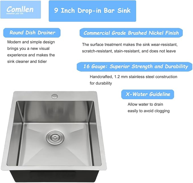 Comllen 18x18 Inch Drop in Bar Sink,Top Mount Handmade 16 Gauge Stainless Steel Small Kitchen Sink,9 Inch Deep Single Bowl Workstation Wet Bar Sink with Stainless Steel Grid & Strainer