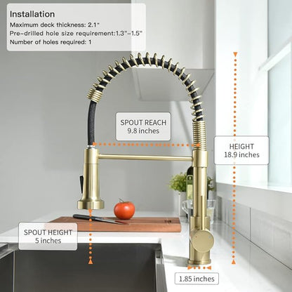 OWOFAN Kitchen Faucet, Kitchen Faucets with Pull Down Sprayer Sus304 Stainless Steel Industrial Single Handle One Hole Faucet for Farmhouse Camper Laundry Utility Rv Wet Bar Sinks Bushed Gold 9009J