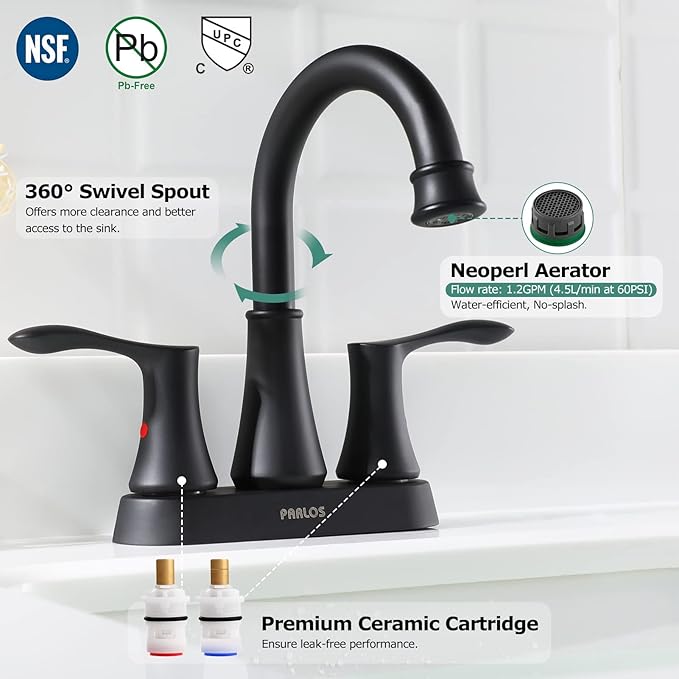 PARLOS 2-Handle Bathroom Sink Faucet High Arc Swivel Spout with Metal Drain Assembly and Faucet Supply Lines, Matte Black, Demeter 14134