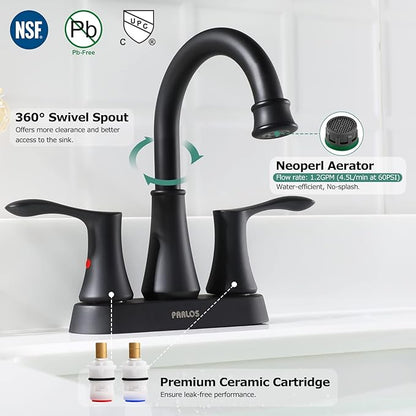 PARLOS 2-Handle Bathroom Sink Faucet High Arc Swivel Spout with Metal Drain Assembly and Faucet Supply Lines, Matte Black, Demeter 14134