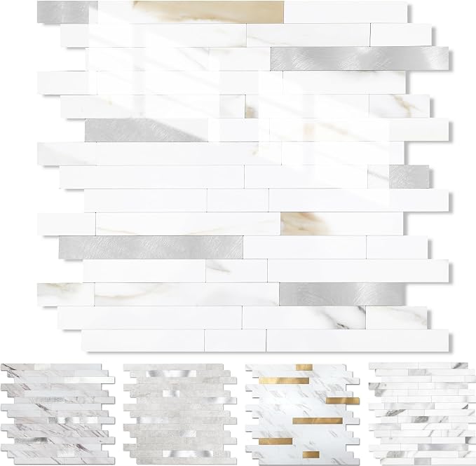 Yipscazo 5 Sheets Peel and Stick Stone Metal Tile Backsplash, Stick on Tiles for Backsplash Kitchen, Bathroom, Laundry Room, Camper, Fireplace (12'' X 12'', Polished Marble)