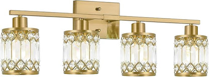 Crystal Modern Bathroom Light Fixtures, 4-Light Brushed Gold Bathroom Vanity Wall Light, Vanity Lights for Mirror, Restroom, Bedroom (E26 Socket, Bulbs Not Included)