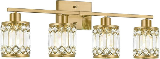 Crystal Modern Bathroom Light Fixtures, 4-Light Brushed Gold Bathroom Vanity Wall Light, Vanity Lights for Mirror, Restroom, Bedroom (E26 Socket, Bulbs Not Included)