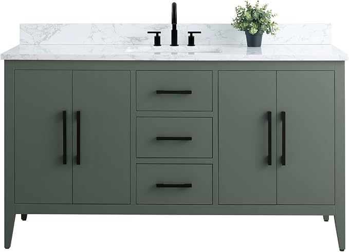 Vanity Art 60 inch Bathroom Vanity with Single Sink & Ceramic Top, Vanity Cabinet with Soft-Closing Doors, Drawers, Solid Wood Frame, Vintage Green, VA9060-SVG-MB1