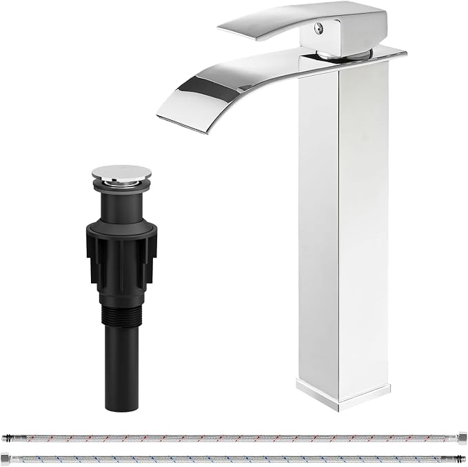 Chrome Bathroom Faucet Waterfall Vessel Sink Faucet Modern Stainless Steel | Single Handle One Hole Deck Mount,Bowl Vanity Sink Faucet,with Pop-up Drain Assembly and Supply Line,Lead-Free by Bathfinesse