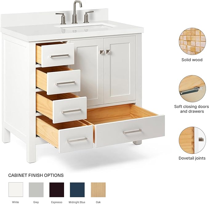 ARIEL Cambridge 36-inch Bathroom Vanity with Sink,Solid Wood, 1.5-inch Pure White Quartz Countertop & Backsplash, Single Rectangular Porcelain Sink, 2 Soft Closing Doors, 5 Dovetail Drawers, White