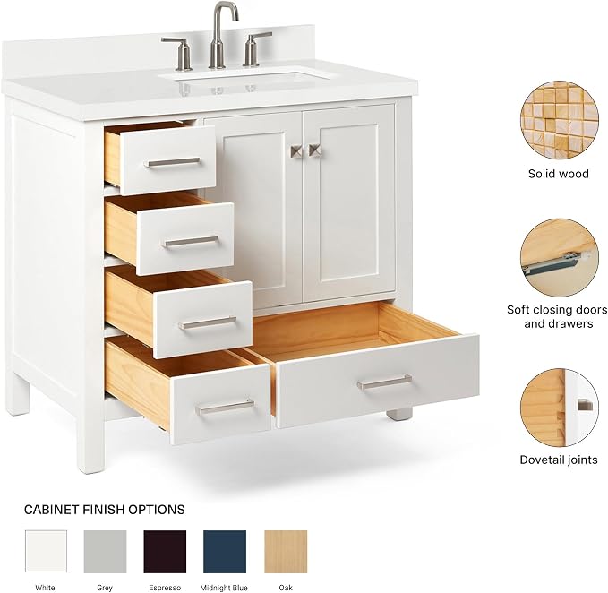 ARIEL Cambridge 36-inch Bathroom Vanity with Sink,Solid Wood, 1.5-inch Pure White Quartz Countertop & Backsplash, Single Rectangular Porcelain Sink, 2 Soft Closing Doors, 5 Dovetail Drawers, White