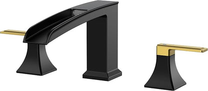 FORIOUS Roman Bathtub Faucet 3 Hole Deck Mount with 2 Handle Black and Gold | Tub Faucet for 3-Hole Set, 6-12" Centered Distance, Widespread Garden Bath Tub, Waterfall Spout, High Flow, Brass