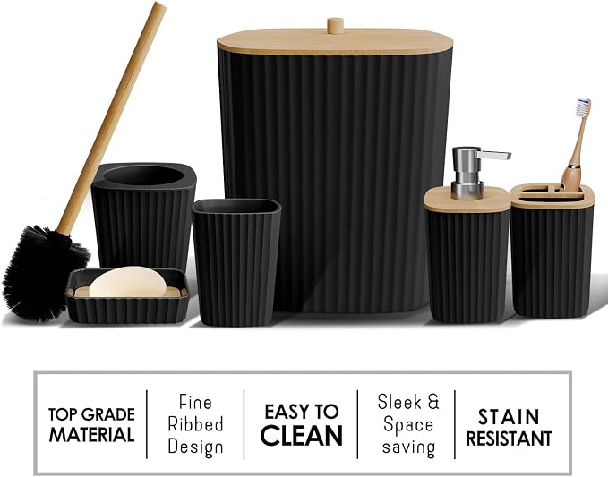 Clara Clark Bathroom Set - Black Bathroom Accessories Set, 6PC Bathroom Accessory Set, Bathroom Sets with Adhesive Corner Shower Caddy Hanging, Toilet Brush, Trash Can & Soap Dispenser