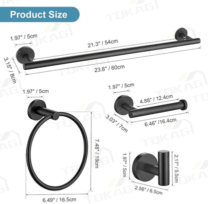 TQKAG Matte Black Bathroom Hardware Set, 6-Piece Towel Bar Set 23.6 Inch | Towel Bar Set, Wall Mounted, Bathroom Accessories Set Include Paper Holders, Towel Rings, Towel Hooks, SUS304 Stainless Steel