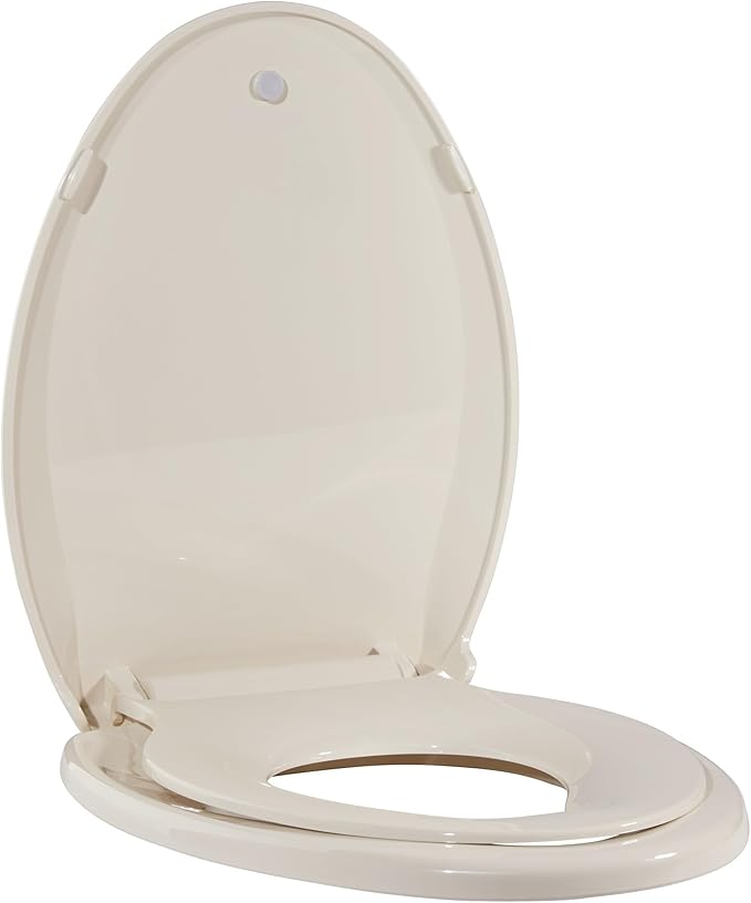 19" Elongated Almond Toilet Seat for Adult and Child, Built-In Potty Training Seat with Soft Quiet Close Non-Slip Design, Magnetic Kids Seat and Cover for Elongated/Oval Toilets, Easy to Install