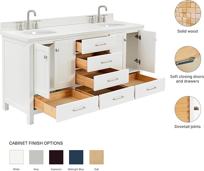 ARIEL Cambridge 66-inch Bathroom Vanity with Sink,Solid Wood, 1.5-inch Pure White Quartz Countertop & Backsplash, Double Oval Porcelain Sink, 4 Soft Closing Doors, 6 Dovetail Drawers, White