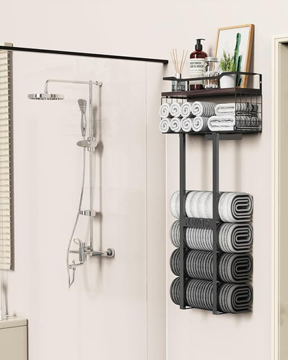 Large Towel Rack & Bathroom Towel Holder - Wall Mounted Metal Rack with Wooden Floating Shelf, Small Bathroom Towel Storage, Easy Holds 6 Large Rolled Towels, Black with Brown Plank