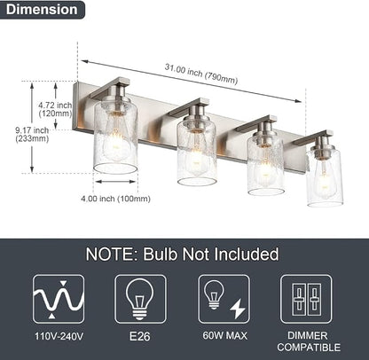 Modern Glass Bathroom Wall Light Fixtures in Brushed Nickel, Vanity Wall Mount Lighting with Seeded Glass Lampshades