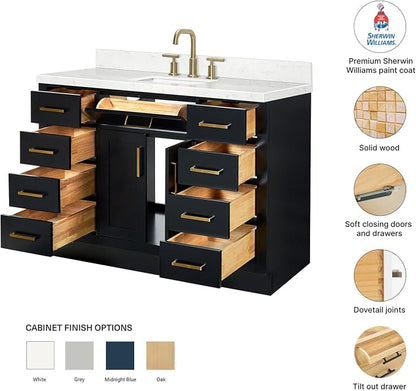 Isabella 48-Inch Bathroom Vanity with Sink — Black Single Sink Bathroom Vanity, 1.5" Edge Carrara Quartz Countertop, Solid Wood, 2 Soft-Close Doors, 8 Dovetail Drawers + Tilt Drawer