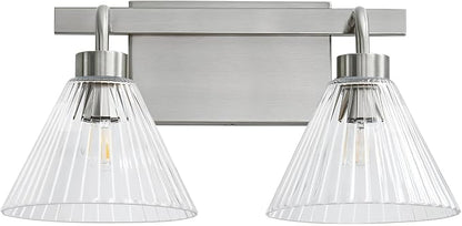 AIJIASI Modern Bathroom Light Fixtures 2-Light Brushed Nickel Vanity Lights for Bathroom with Ribbed Glass Shade 16 Inch Bathroom Lighting Fixtures Over Mirror Wall Sconce for Bedroom Living Room