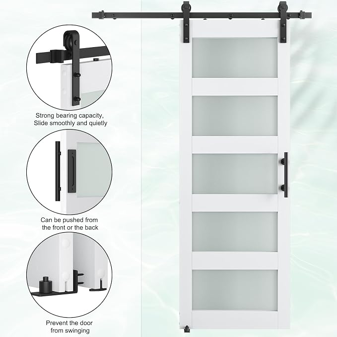 SMARTSTANDARD 30" x 84" Glass Barn Door with 5FT Hardware Kit Included | 5-Panel Glass, DIY Assembly Required, Waterproof PVC Coating, Pure White