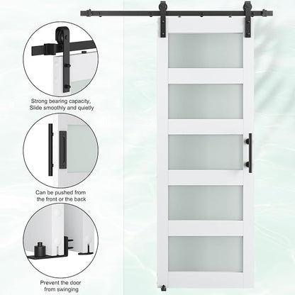 SMARTSTANDARD 30" x 84" Glass Barn Door with 5FT Hardware Kit Included | 5-Panel Glass, DIY Assembly Required, Waterproof PVC Coating, Pure White