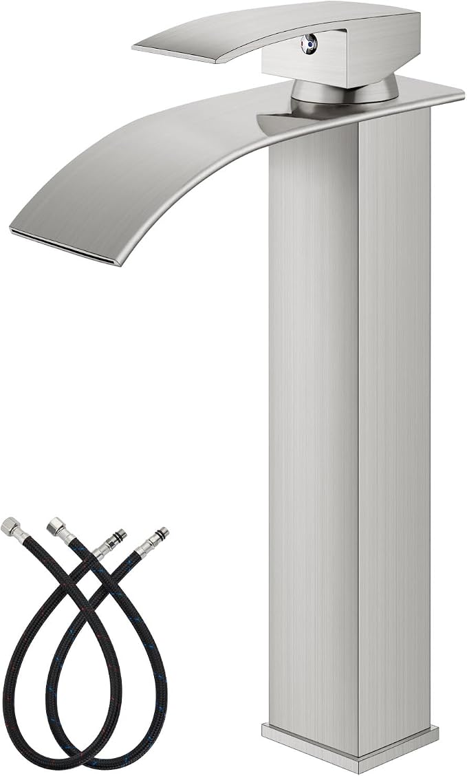 gotonovo Waterfall Tall Bathroom Faucet 1 Hole No Drain, Brushed Nickel | Modern Vessel Sink Faucet Single Handle 304 Stainless Steel,24” cUPC Supply Hoses,for Bowl Basin Lavatory Vanity Restroom RV