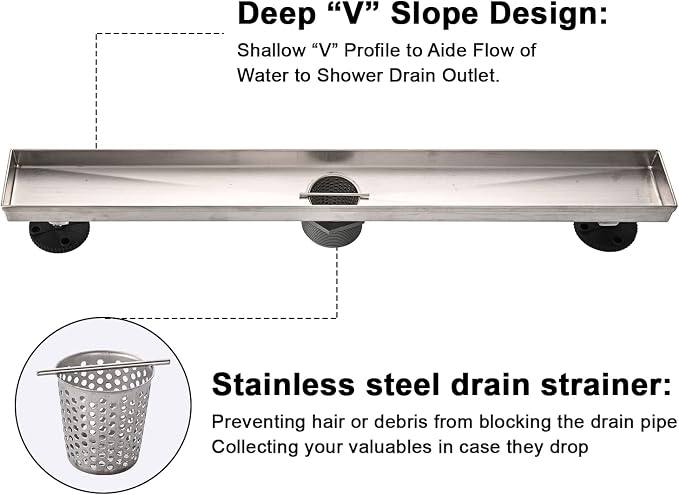 Linear Shower Floor Drain, 60 Inch Brushed Nickel 304 Stainless Steel Bathroom Drains Kit, Rectangular Shower Trench Drain with Reversable Tile-in Pattern Drain Cover & Hair Catcher