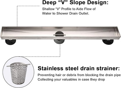 Linear Shower Floor Drain, 48 Inch Brushed Nickel 304 Stainless Steel Bathroom Drains Kit, Rectangular Shower Trench Drain with Reversable Tile-in Pattern Drain Cover & Hair Catcher