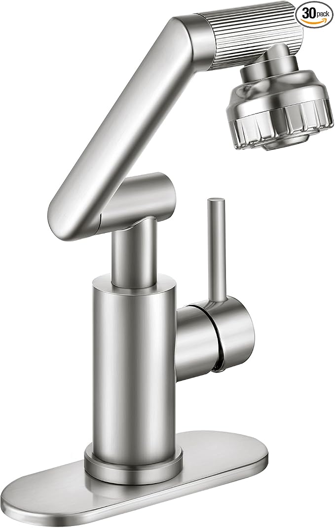 Wicibim Brushed Nickel Bathroom Sink Faucet, Stainless Steel Single Handle with 1080° Rotation, 2 Water Outlet Modes, Hot and Cold Hoses,Swivel Faucet