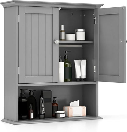 Giantex Wall Mounted Medicine Cabinets - Above Toilet Bathroom Cabinet with Adjustable Shelf, Open Shelf, Over The Toilet Space Saver Storage Cabinet for Laundry Room, Kitchen, Cupboard (Gray)