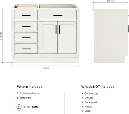 ARIEL Hepburn 42-inch Bathroom Vanity Base Cabinet,Solid Wood, 2 Soft Closing Doors, 5 Dovetail Drawers, White