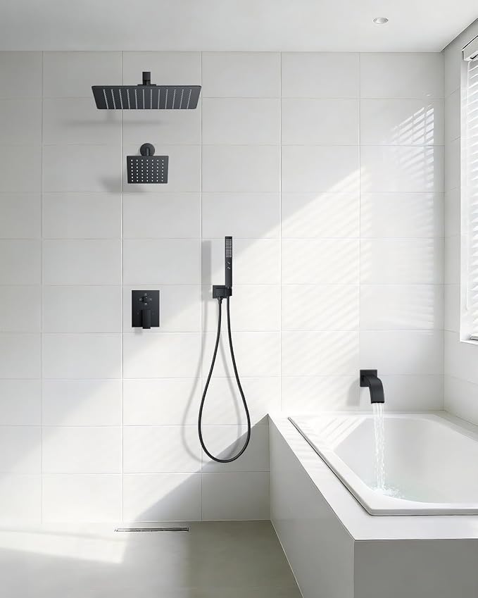 Rain Shower System with Rough-in Valve, Wall Mount Shower Faucet Set with 12" & 6" Dual Rain Shower Heads, 2-in-1 Handheld Shower, Tub Spout, 4-Function Complete Shower Fixture, Matte Black