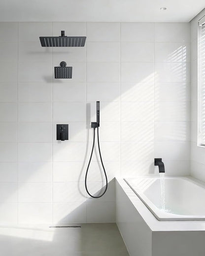 Rain Shower System with Rough-in Valve, Wall Mount Shower Faucet Set with 12" & 6" Dual Rain Shower Heads, 2-in-1 Handheld Shower, Tub Spout, 4-Function Complete Shower Fixture, Matte Black