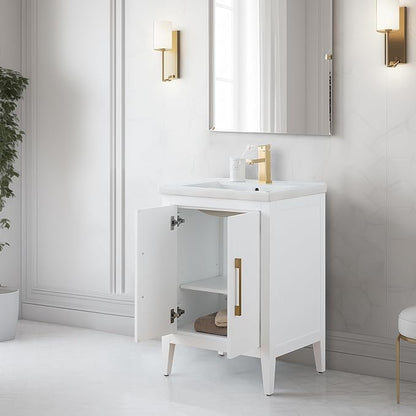 Vanity Art 24 inch Bathroom Vanity with Single Sink & Ceramic Top, Vanity Cabinet with Soft-Closing Doors, Solid Wood Frame, White, VA9024-W-GB1