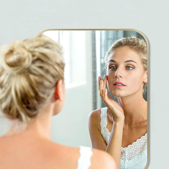48x30 Inch Gold Bathroom Mirror, Brushed Brass Gold Metal Framed Rectangular Mirror with Rounded Corner, Bathroom Vanity Mirror for Bedroom or Living Room, Horizontal/Vertical
