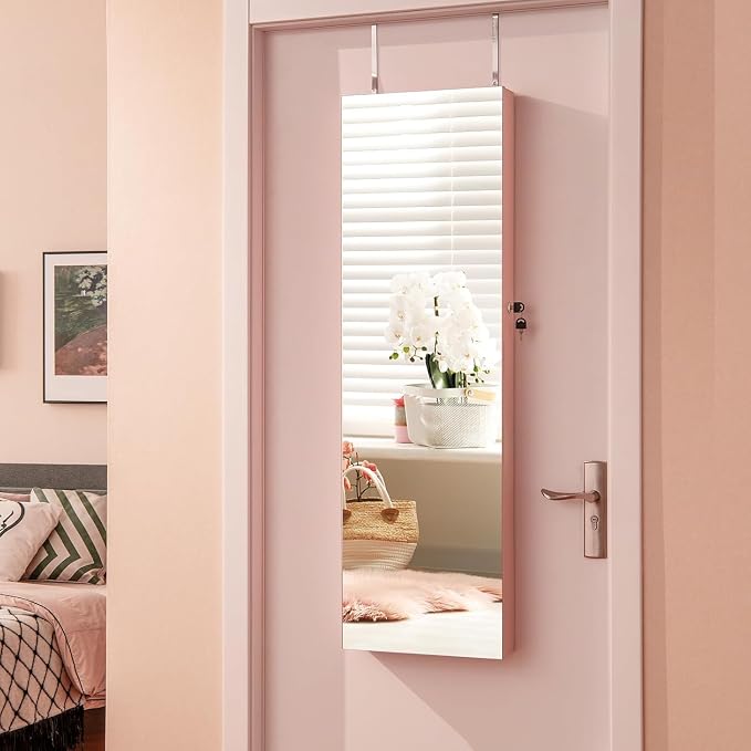 LOKO Mirrored Jewelry Armoire, Wall/Door Mounted Jewelry Cabinet with Full-Length Mirror, Lockable Jewelry Storage Organizer with 2 Drawers & 2 LED Lights, for Girls Women Gift Bedroom (Light Pink)