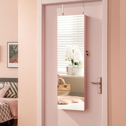 LOKO Mirrored Jewelry Armoire, Wall/Door Mounted Jewelry Cabinet with Full-Length Mirror, Lockable Jewelry Storage Organizer with 2 Drawers & 2 LED Lights, for Girls Women Gift Bedroom (Light Pink)