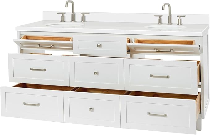 ARIEL Monroe 72-inch Bathroom Vanity with Sink,Solid Wood, 1.5-inch Pure White Quartz Countertop & Backsplash, Double Rectangular Porcelain Sink, 9 Dovetail Drawers, Brushed Nickel, White